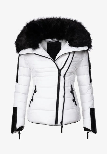 Faux fur hood puffer jacket in white