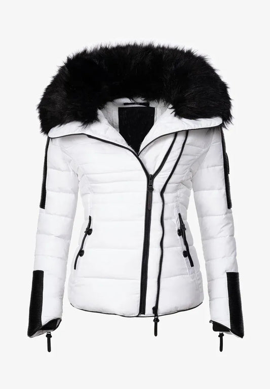 Faux fur hood puffer jacket in white