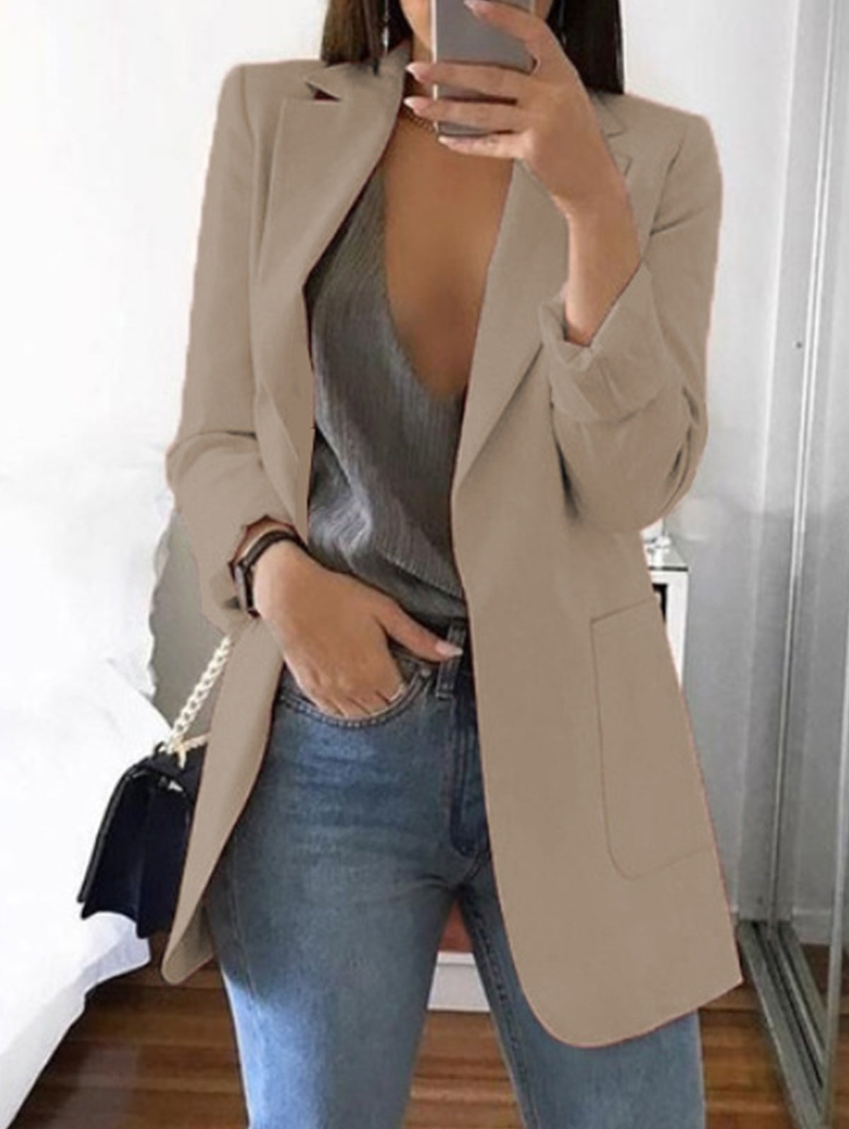 Elegant Plain Lapel Collar Dual Pocket Blazer