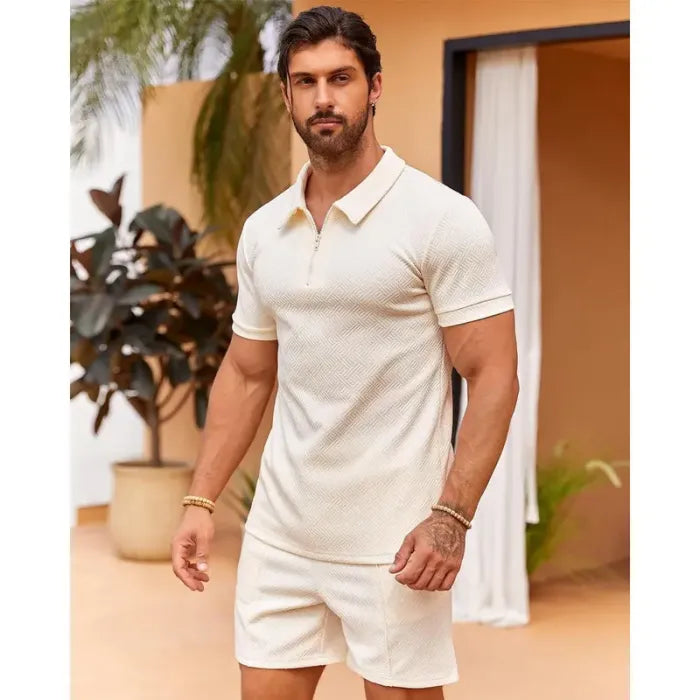 Men's summer stand-up collar sportswear set in black/white/milky white(BUY 2 FREE SHIPPING)