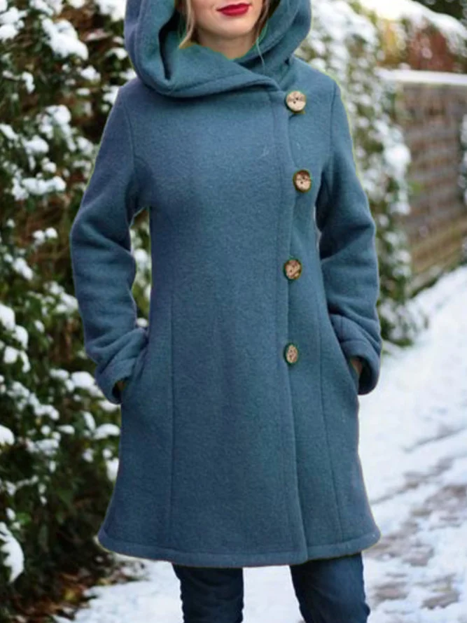 Hoodie Solid Buttoned Casual Jacket Coat