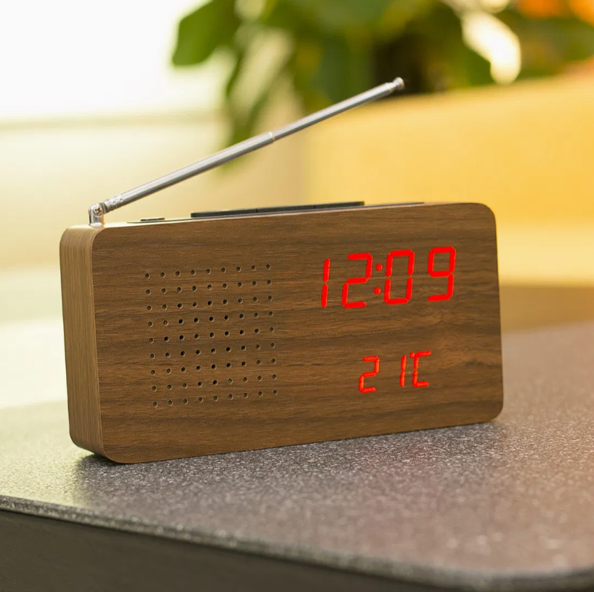 Wooden LED Digital FM Radio Alarm Clock with Temperature Sound Control