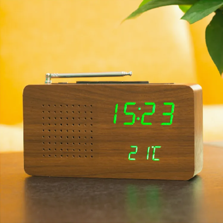 Wooden LED Digital FM Radio Alarm Clock with Temperature Sound Control