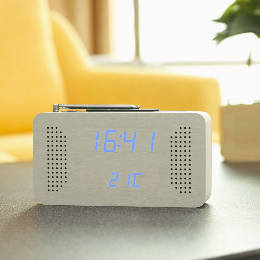 Wooden LED Digital FM Radio Alarm Clock with Temperature Sound Control
