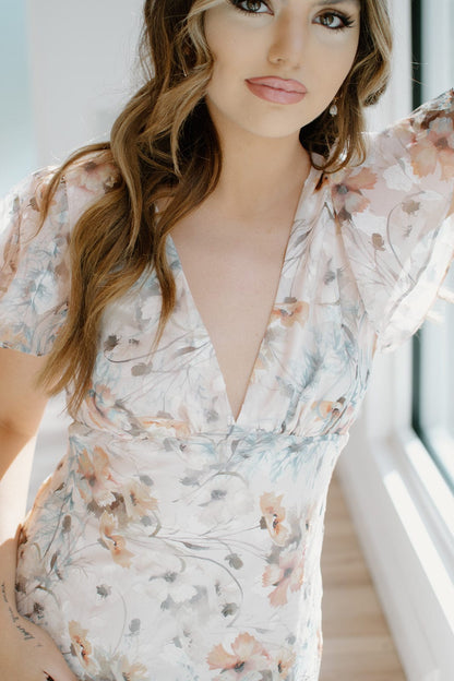 Beige Floral Flutter Sleeve Maxi Dress