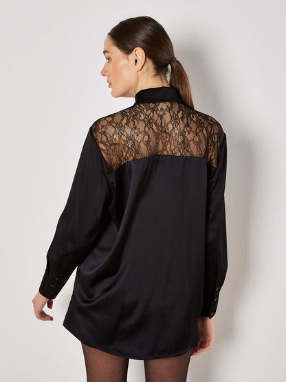 Lace Insert Oversized Satin Shirt