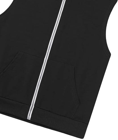Mens Zipper Pockets Hoodie Casual Sleeveless Sport Work Out Running Hooded Sweatshirt