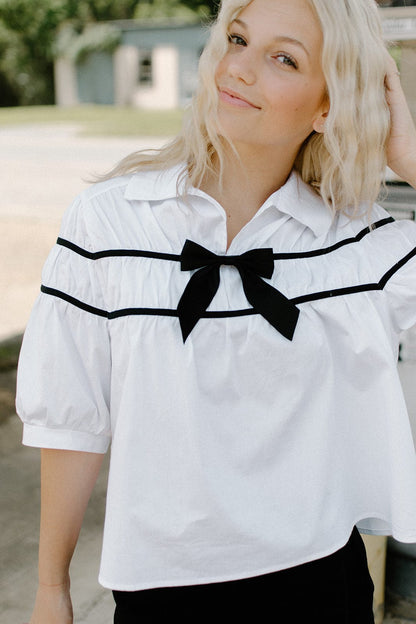 White Bow Detail Poplin Blouse