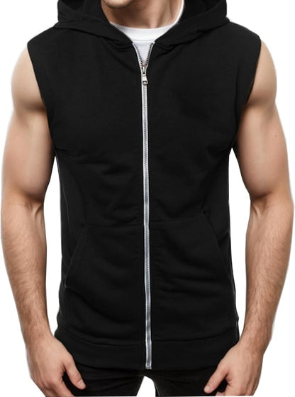 Mens Zipper Pockets Hoodie Casual Sleeveless Sport Work Out Running Hooded Sweatshirt