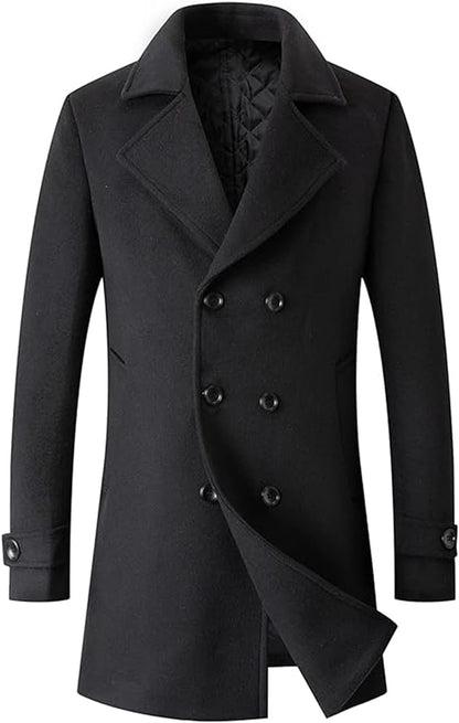 Men's Woolen Trench Coat Regular Fit Double Breasted Wool Blend Jacket Winter Pea Coat Businesss Overcoat