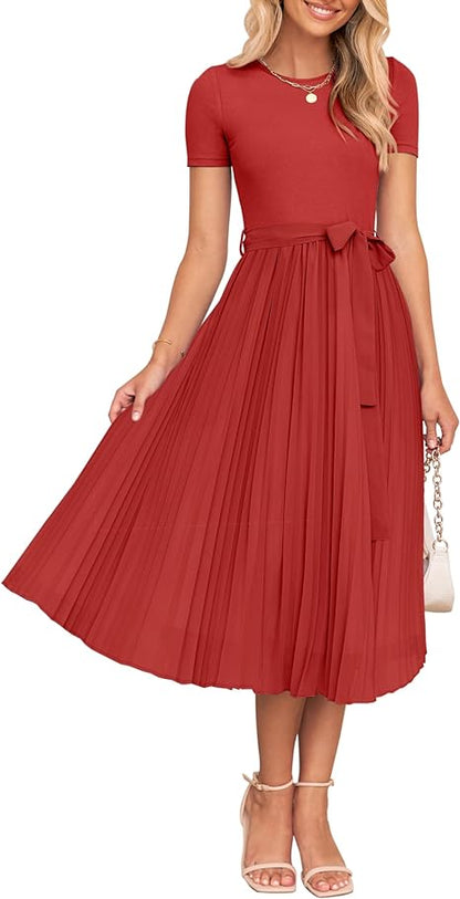 Womens Spring Casual Short Sleeve Midi Dresses 2024 Summer Crew Neck Ribbed Knit Belted Pleated A Line Long Dress