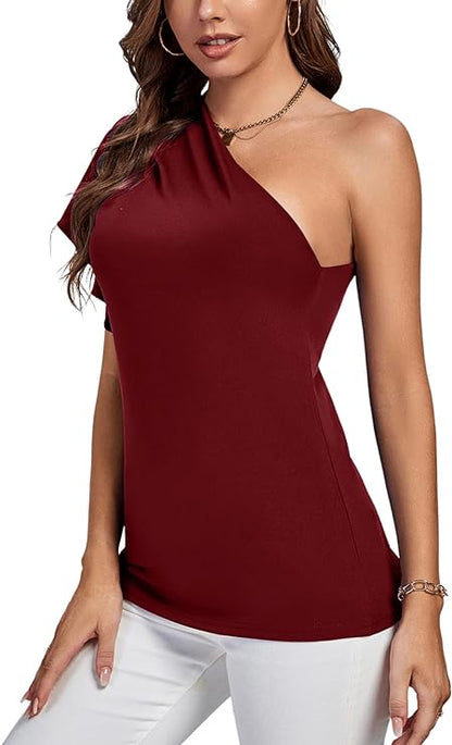 Women's Summer Elegant One Shoulder Ruched Ruffle Short Sleeve Blouse Top