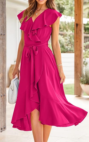 Women's 2024 Summer Wrap Maxi Dress Casual Boho Deep V Neck Short Sleeve Ruffle Hem Split Beach Long Dresses