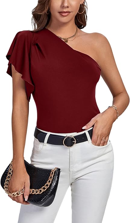 Women's Summer Elegant One Shoulder Ruched Ruffle Short Sleeve Blouse Top