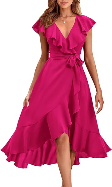 Women's 2024 Summer Wrap Maxi Dress Casual Boho Deep V Neck Short Sleeve Ruffle Hem Split Beach Long Dresses