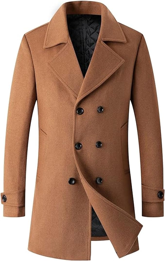 Men's Woolen Trench Coat Regular Fit Double Breasted Wool Blend Jacket Winter Pea Coat Businesss Overcoat