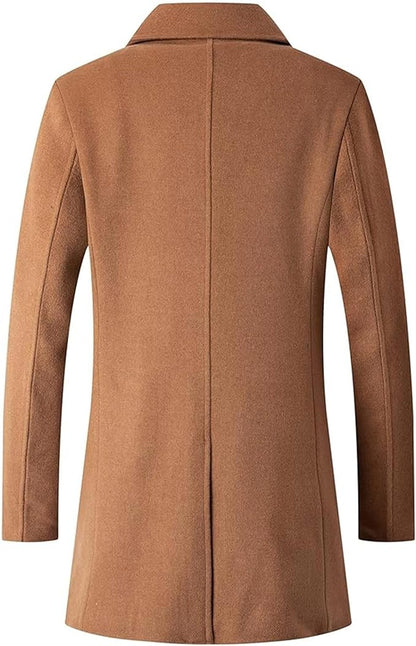 Men's Woolen Trench Coat Regular Fit Double Breasted Wool Blend Jacket Winter Pea Coat Businesss Overcoat