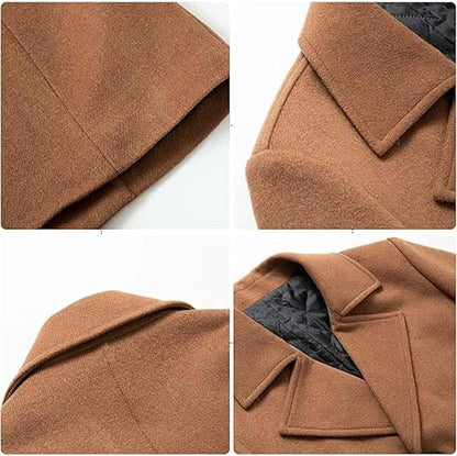 Men's Woolen Trench Coat Regular Fit Double Breasted Wool Blend Jacket Winter Pea Coat Businesss Overcoat