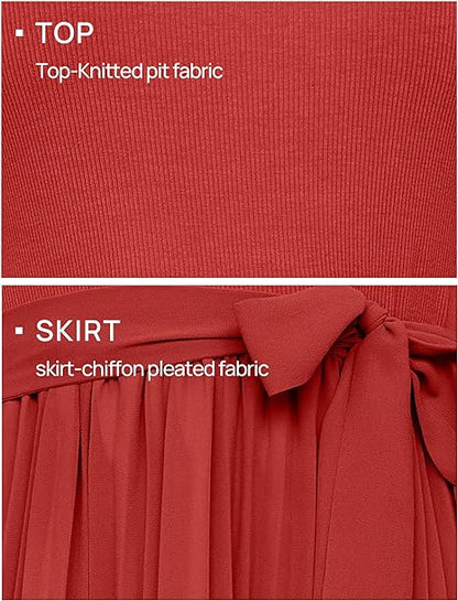 Womens Spring Casual Short Sleeve Midi Dresses 2024 Summer Crew Neck Ribbed Knit Belted Pleated A Line Long Dress