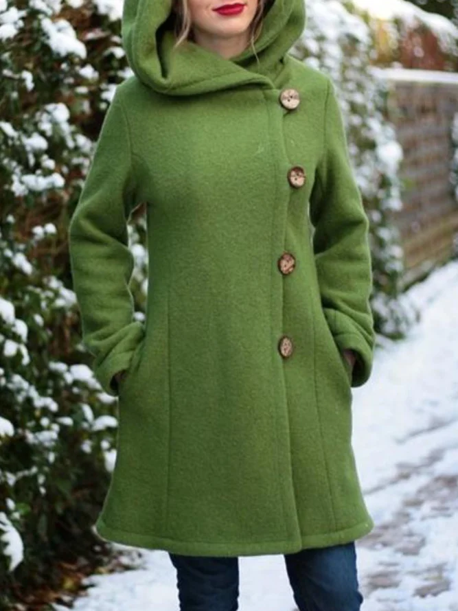 Hoodie Solid Buttoned Casual Jacket Coat