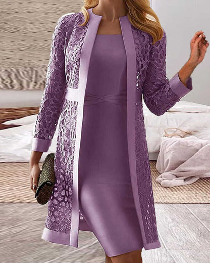 Women's Solid Color Casual Lace Cardigan Dress Two Piece Sets