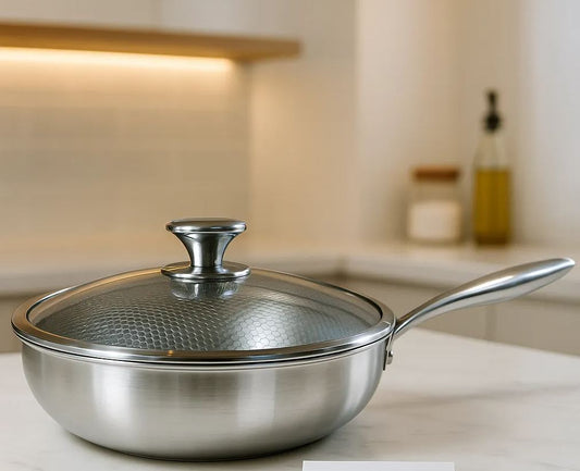 Premium Stainless Steel Deep Frying Pan with Glass Lid – Non-Stick Honeycomb Surface